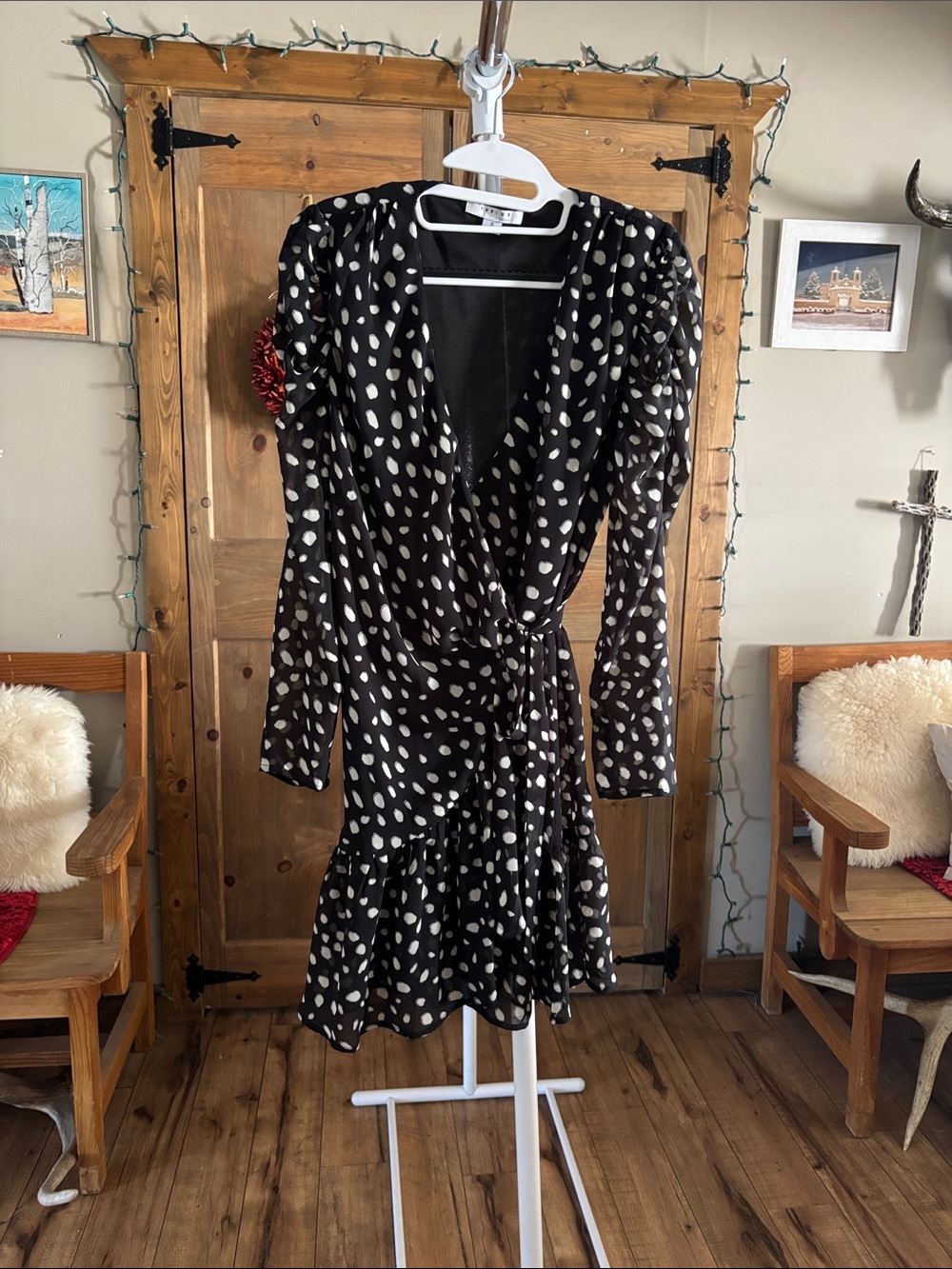 Polka Dot Wrap Dress - Black with White Spots